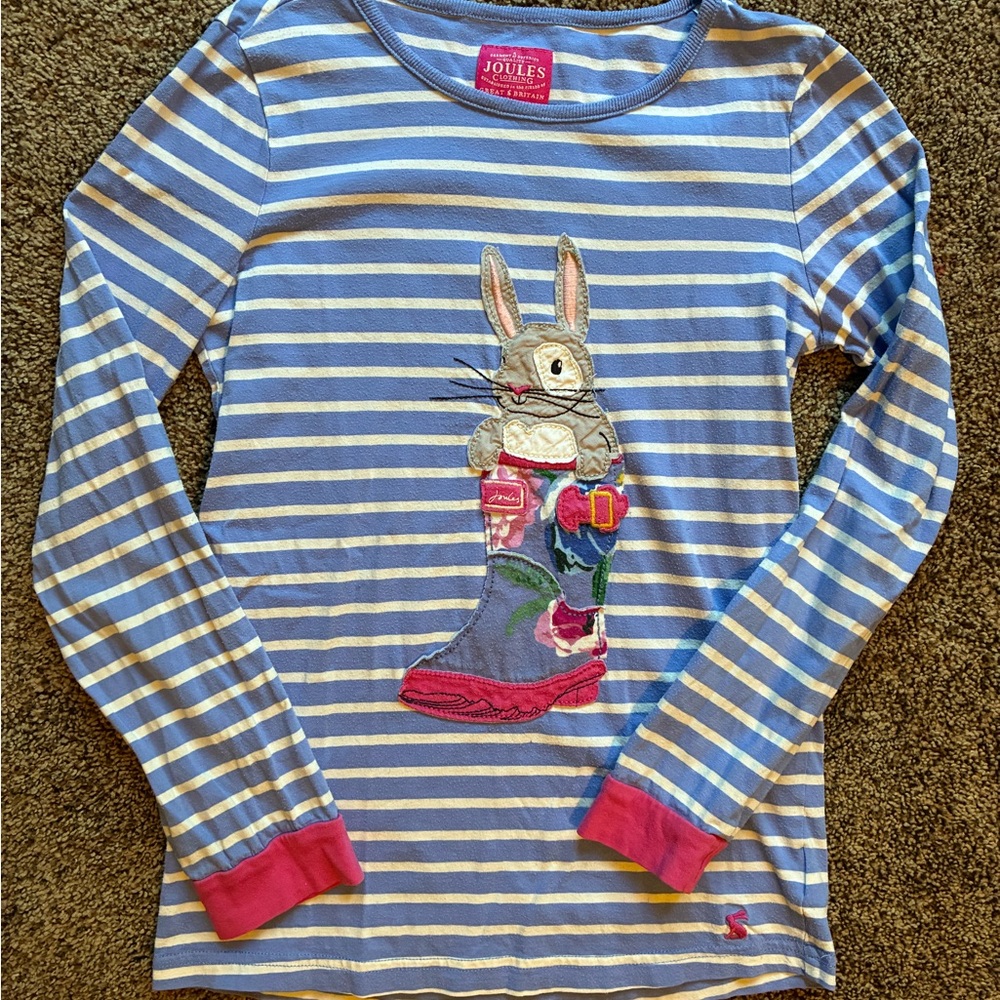 Joules Blue and White Striped Kids Shirt with Bunny and Rain Boot Design
